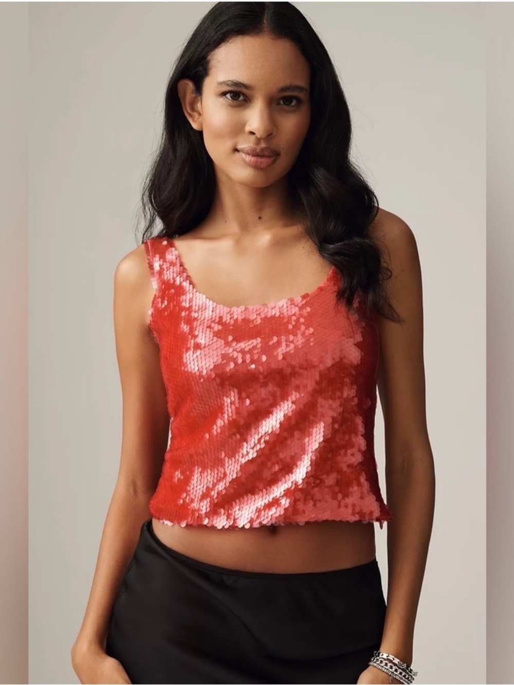 Sequin Scoop Neck Cropped Tank Top - DARK PINK
